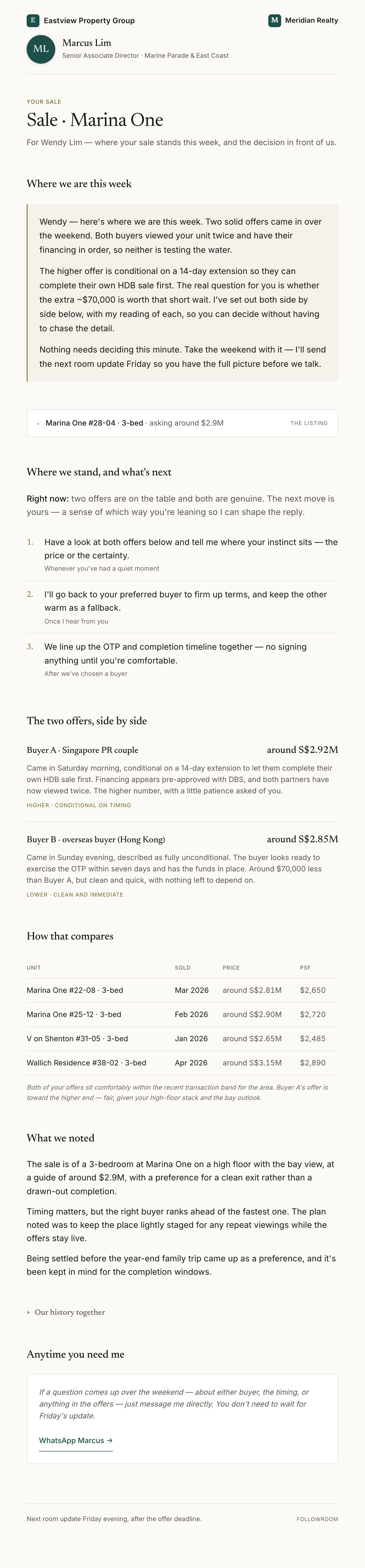 A Foliohouse client room showing an agent's weekly update to a client mid-negotiation, with the offer terms, a side-by-side comparison of two purchase offers, and next steps laid out.